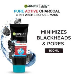 Garnier Pure Active 3-in-1 Charcoal Blackhead Face Wash, Mask & Scrub 100ml